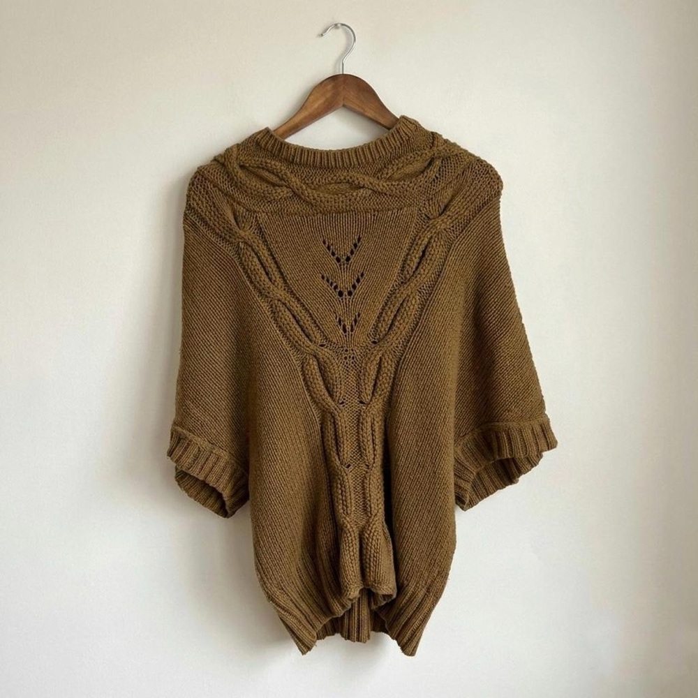 vintage anthropologie boho tan/brown cable-knit batwing poncho sweater large